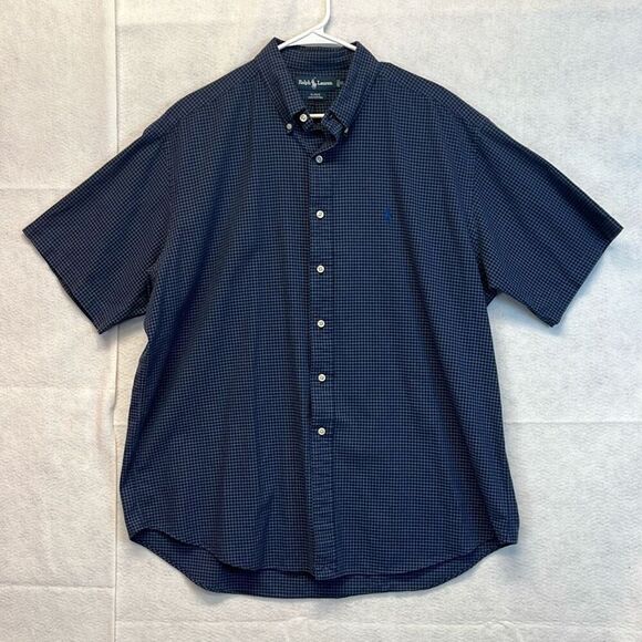 RALPH LAUREN Shirt Men's XL Blue Blake Button Down Cotton Short Sleeve Windowpan - Picture 1 of 12
